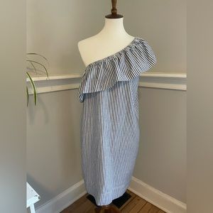 J. CREW One Shoulder Blue White Striped Ruffle Dress Size 14
